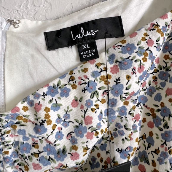 Lulus Floral Print Puff Sleeve Cinch Bodice Mini Dress Off White Blue XL NWT - Picture 9 of 15